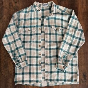 Green and Cream Plaid Button-Up Shirt Flannel style